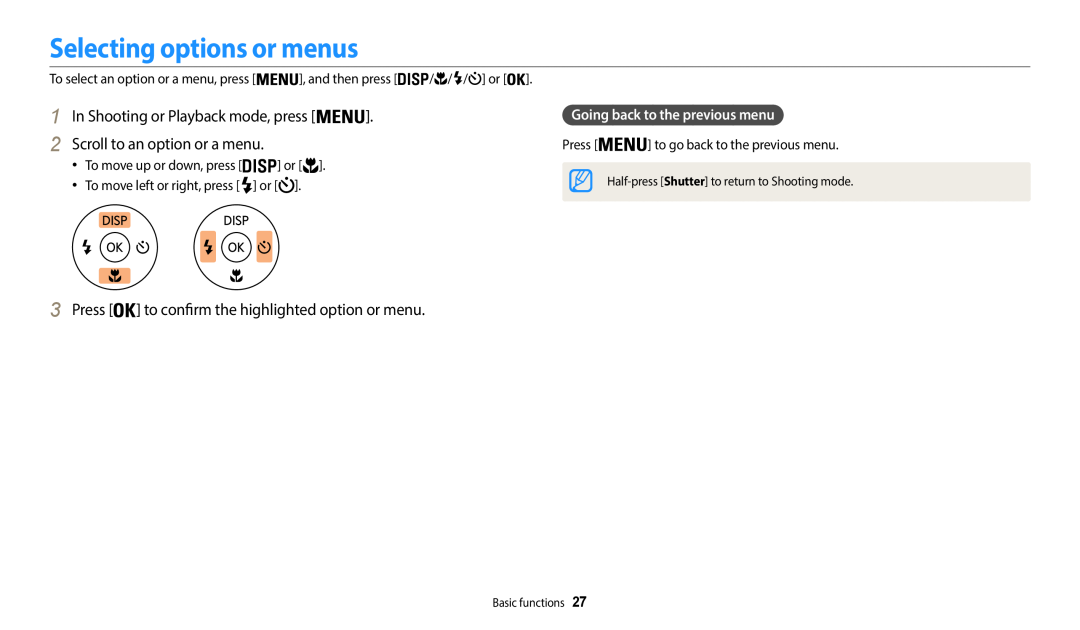 Samsung EC-WB50FZBPBE3 manual Selecting options or menus, Scroll to an option or a menu, Going back to the previous menu 