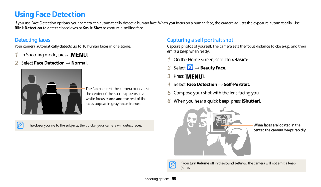 Samsung EC-WB50FZBDWSA Using Face Detection, Detecting faces, Capturing a self portrait shot, In Shooting mode, press 