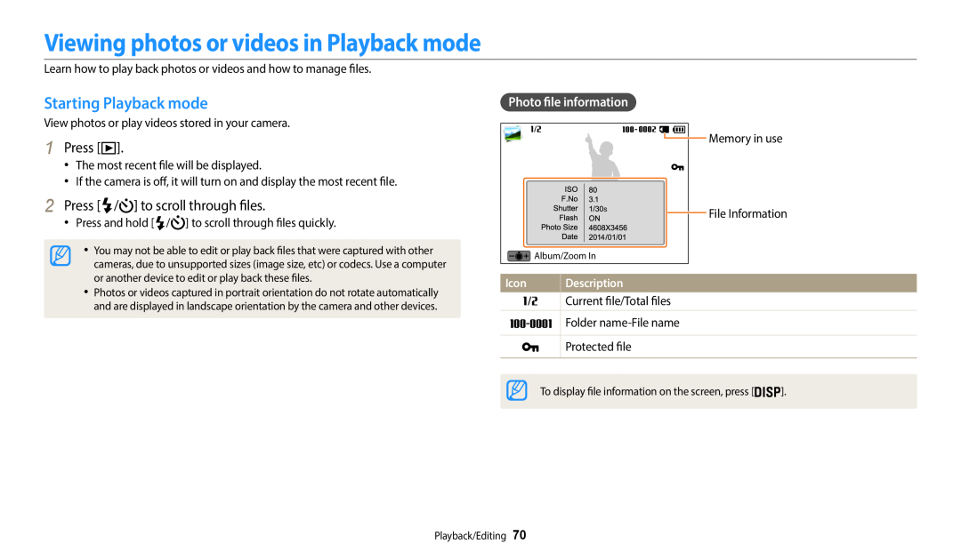Samsung EC-WB50FZBPWE2 Viewing photos or videos in Playback mode, Starting Playback mode, Press, Photo file information 