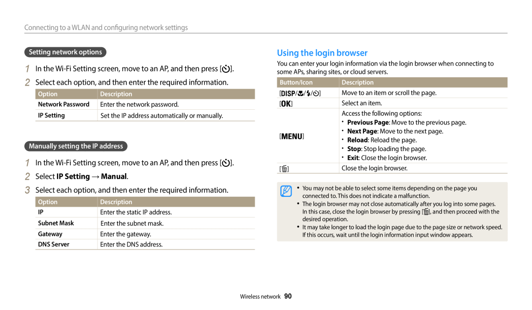 Samsung EC-WB50FZBPBRU manual Using the login browser, In the Wi-Fi Setting screen, move to an AP, and then press, Option 
