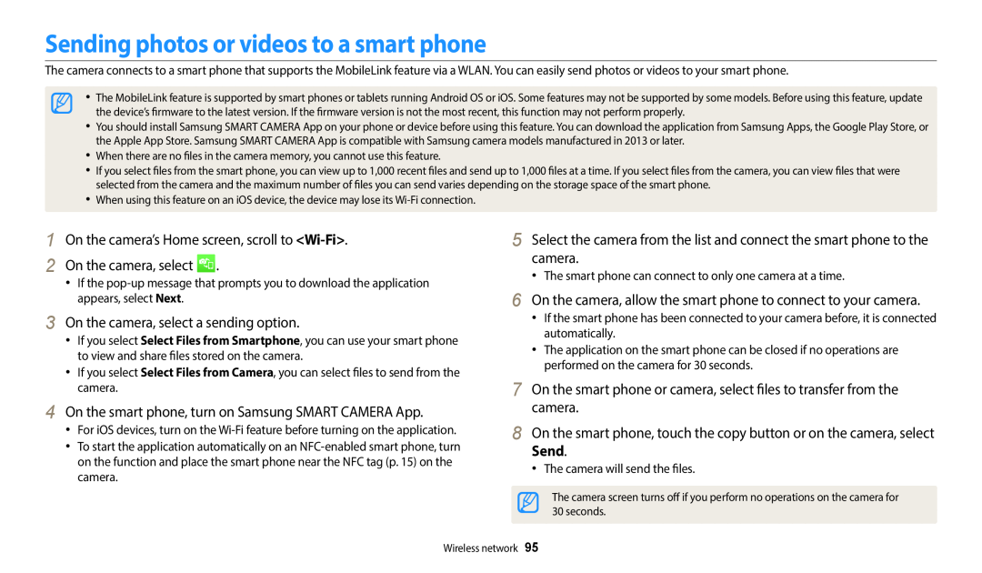 Samsung EC-WB50FZBDBSA manual Sending photos or videos to a smart phone, On the camera’s Home screen, scroll to Wi-Fi 