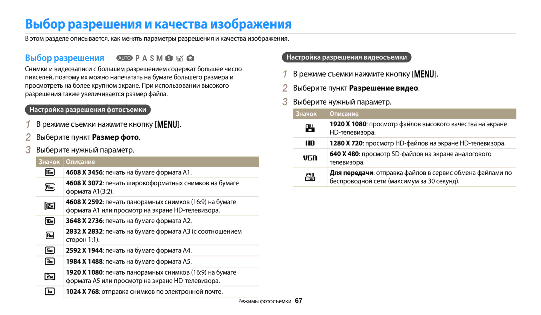 Samsung EC-WB350FBPBRU, EC-WB50FZBPBRU manual Выбор разрешения и качества изображения, Выбор разрешения T p a h M s i g 