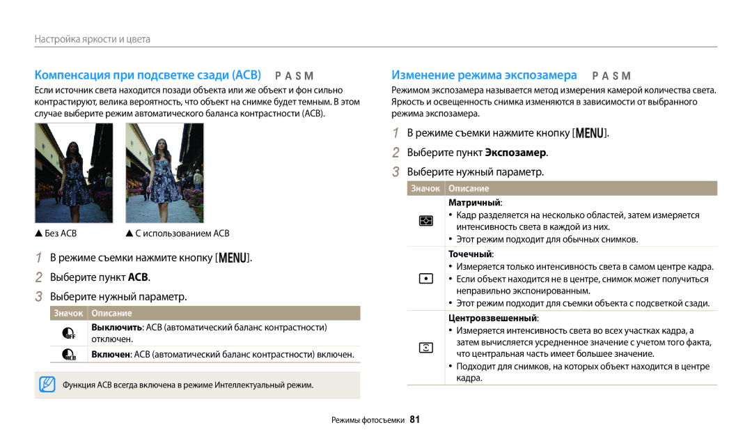 Samsung EC-WB50FZBPBKZ manual Компенсация при подсветке сзади ACB p a h M, Изменение режима экспозамера p a h M, Матричный 