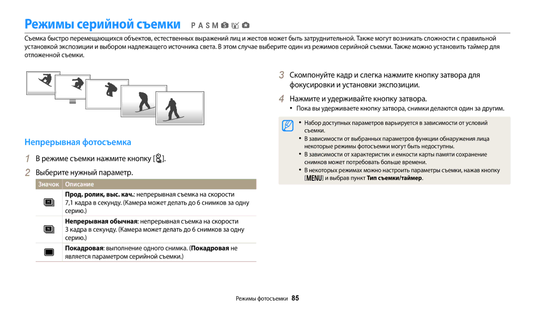 Samsung EC-WB50FZBPRRU Режимы серийной съемки p a h M s i g, Непрерывная фотосъемка, Нажмите и удерживайте кнопку затвора 