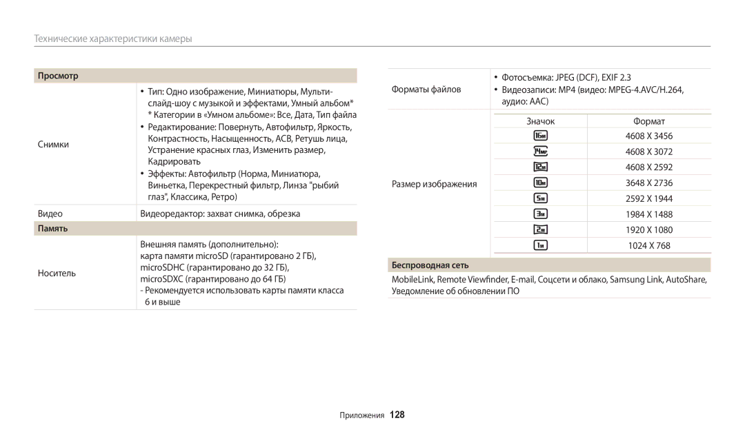 Samsung EC-WB50FZBPRRU, EC-WB50FZBPBRU, EC-WB50FZBPWRU, EC-WB50FZBPBE2, EC-WB50FZBPWE2 manual Память, Беспроводная сеть 