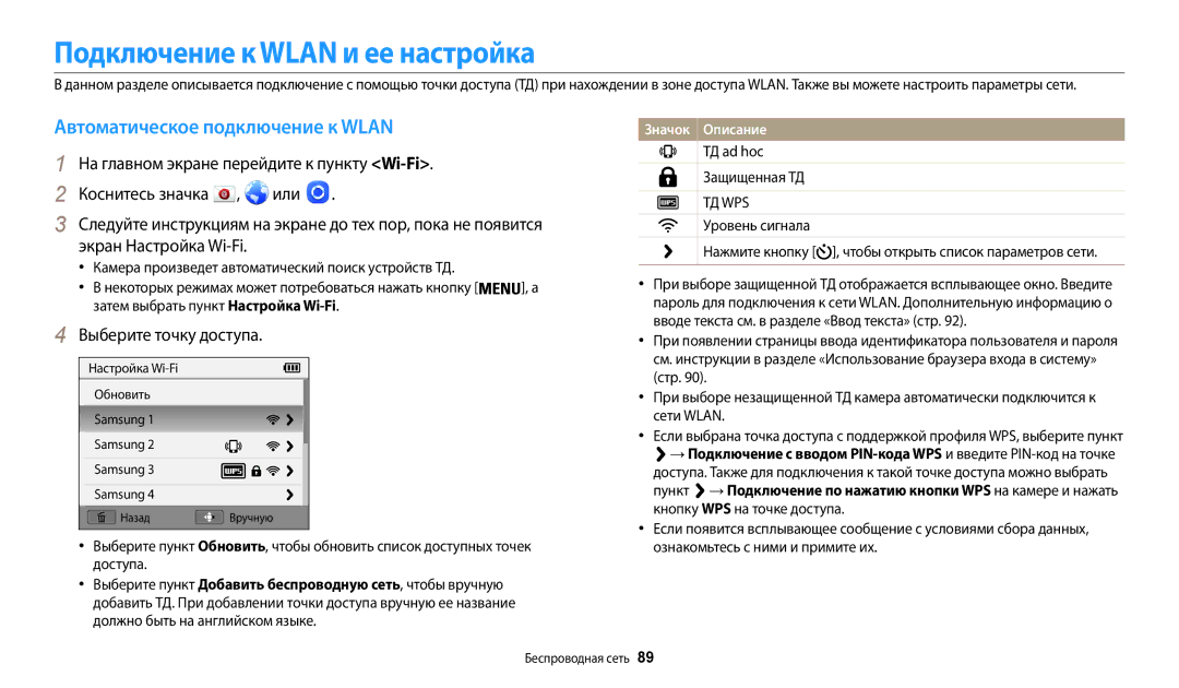 Samsung EC-WB50FZBPWRU manual Подключение к Wlan и ее настройка, Автоматическое подключение к Wlan, Выберите точку доступа 