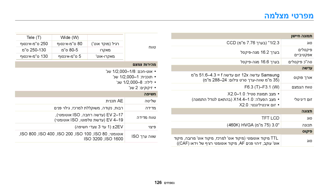 Samsung EC-WB50FZBPWIL, EC-WB50FZBPRIL, EC-WB50FZBPBIL manual המלצמ יטרפמ 