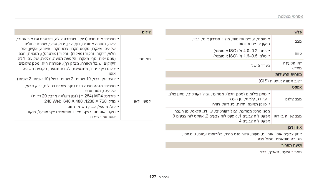 Samsung EC-WB50FZBPBIL, EC-WB50FZBPRIL, EC-WB50FZBPWIL manual מפרטי מצלמה, תודיערה תיחפמ, ךיראת העשו 