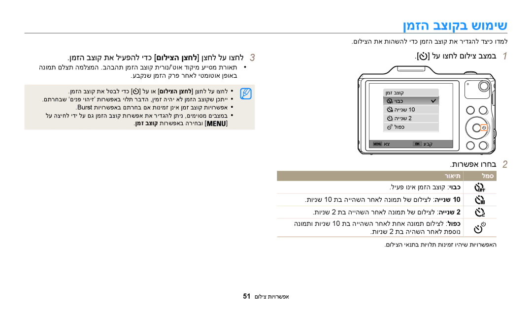 Samsung EC-WB50FZBPWIL manual ןמזה בצוקב שומיש, ןמזה בצוק תא ליעפהל ידכ םוליצה ןצחל ןצחל לע וצחל3, לע וצחל םוליצ בצמב1 