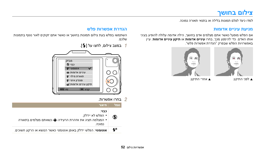 Samsung EC-WB50FZBPBIL, EC-WB50FZBPRIL, EC-WB50FZBPWIL manual ךשוחב םוליצ, שלפ תורשפא תרדגה, תומודא םייניע תעינמ, יובכ 