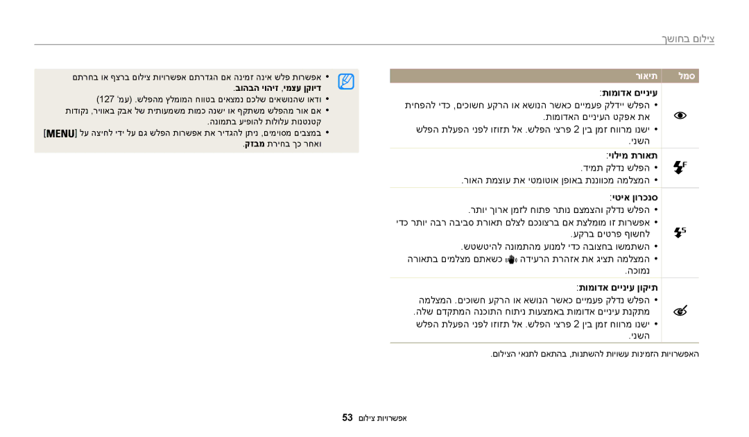 Samsung EC-WB50FZBPRIL, EC-WB50FZBPWIL, EC-WB50FZBPBIL manual צילום בחושך, יולימ תרואת, יטיא ןורכנס, תומודא םייניע ןוקית 