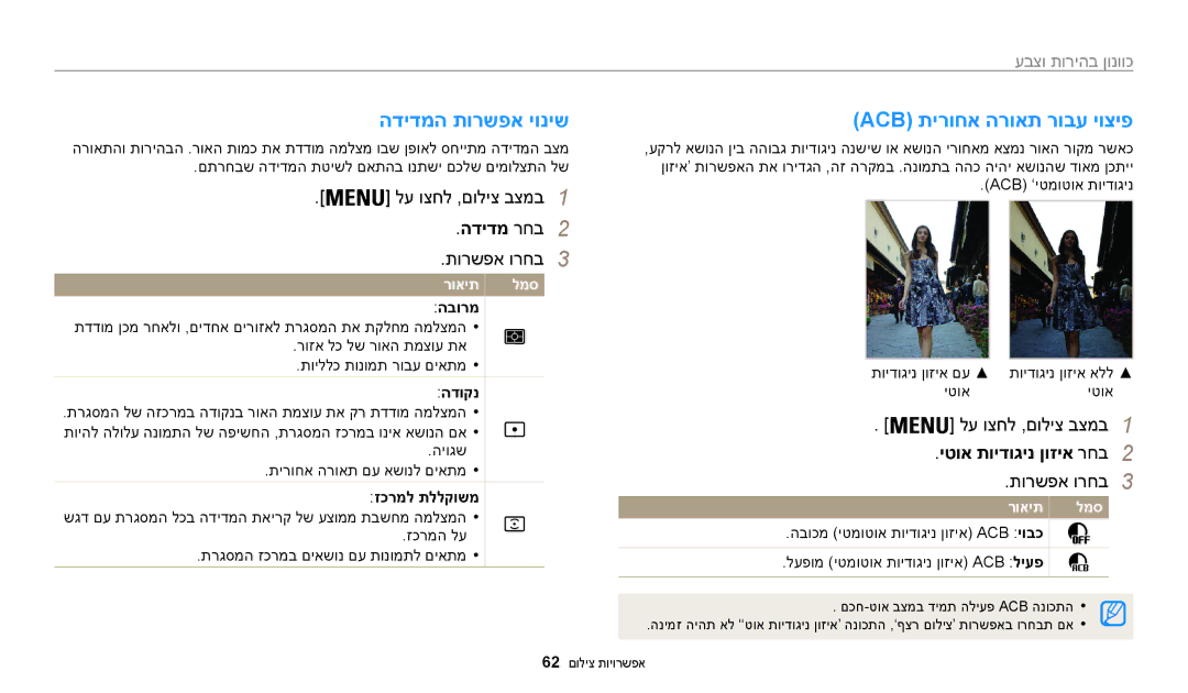 Samsung EC-WB50FZBPRIL manual הדידמה תורשפא יוניש, Acb תירוחא הרואת רובע יוציפ, הדידמ רחב2, יטוא תוידוגינ ןוזיא רחב2 