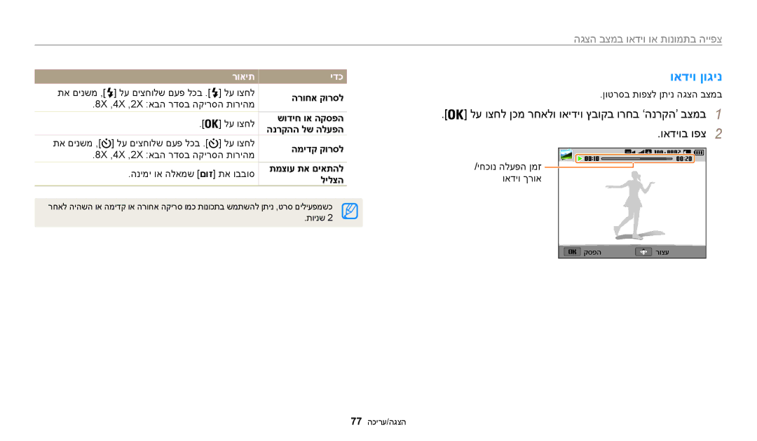 Samsung EC-WB50FZBPRIL, EC-WB50FZBPWIL, EC-WB50FZBPBIL manual ואדיו ןוגינ, רואית ידכ 