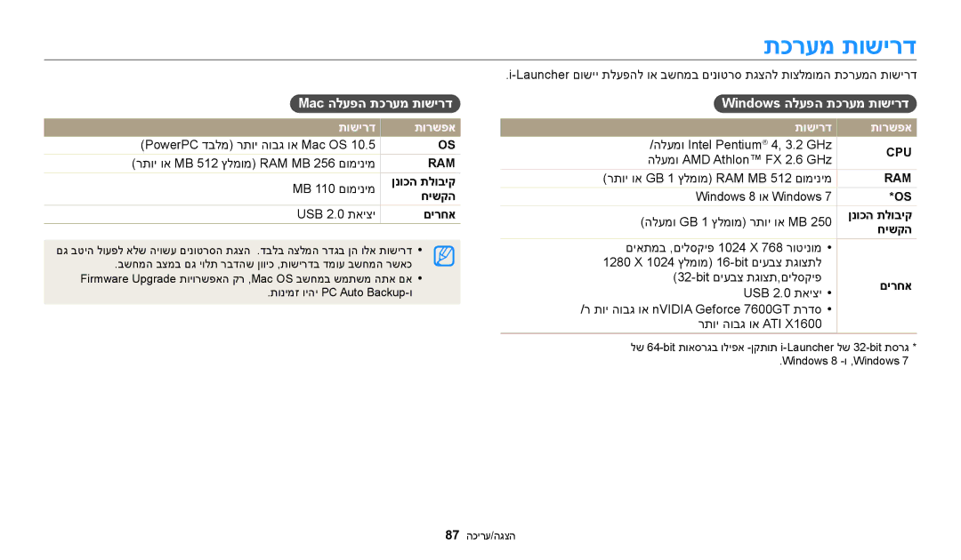 Samsung EC-WB50FZBPWIL, EC-WB50FZBPRIL manual Mac הלעפה תכרעמ תושירד, Windows הלעפה תכרעמ תושירד, תושירד תורשפא 