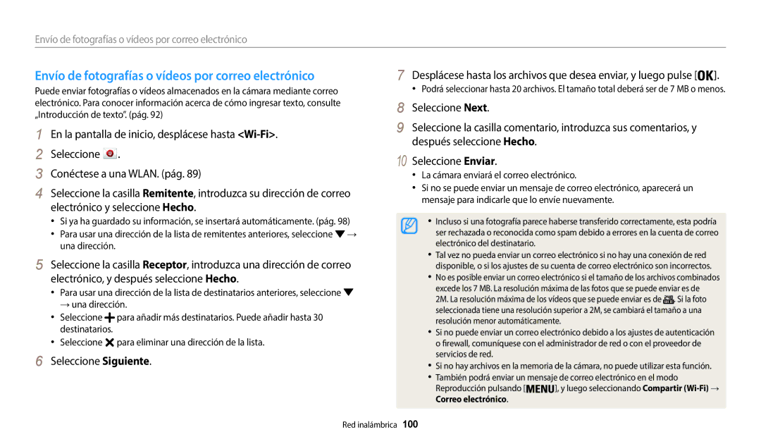 Samsung EC-WB50FZBPRE1, EC-WB50FZBPWE1 Envío de fotografías o vídeos por correo electrónico, Seleccione Siguiente, 100 