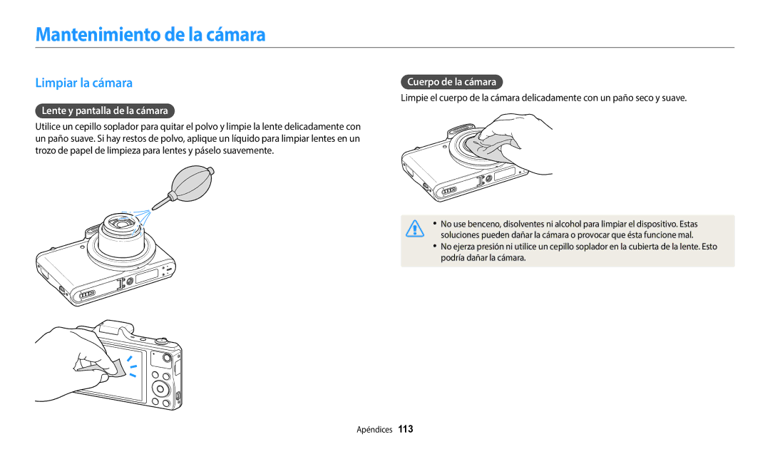 Samsung EC-WB50FZBPWE1 Mantenimiento de la cámara, Limpiar la cámara, Lente y pantalla de la cámara, Cuerpo de la cámara 