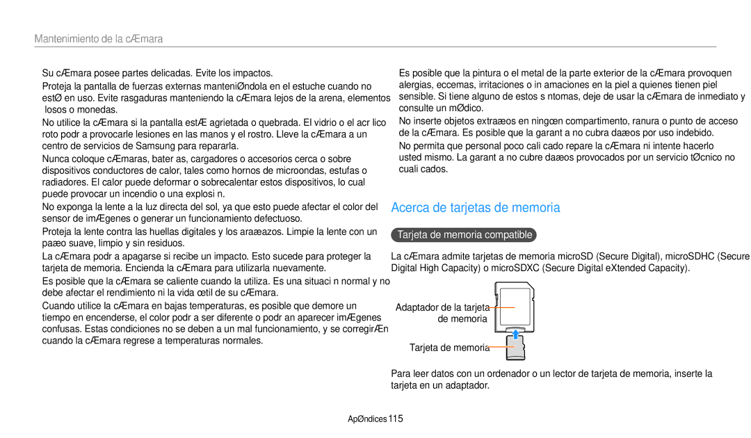 Samsung EC-WB50FZBPRE1, EC-WB50FZBPWE1, EC-WB50FZBPBE1 manual Acerca de tarjetas de memoria, Tarjeta de memoria compatible 