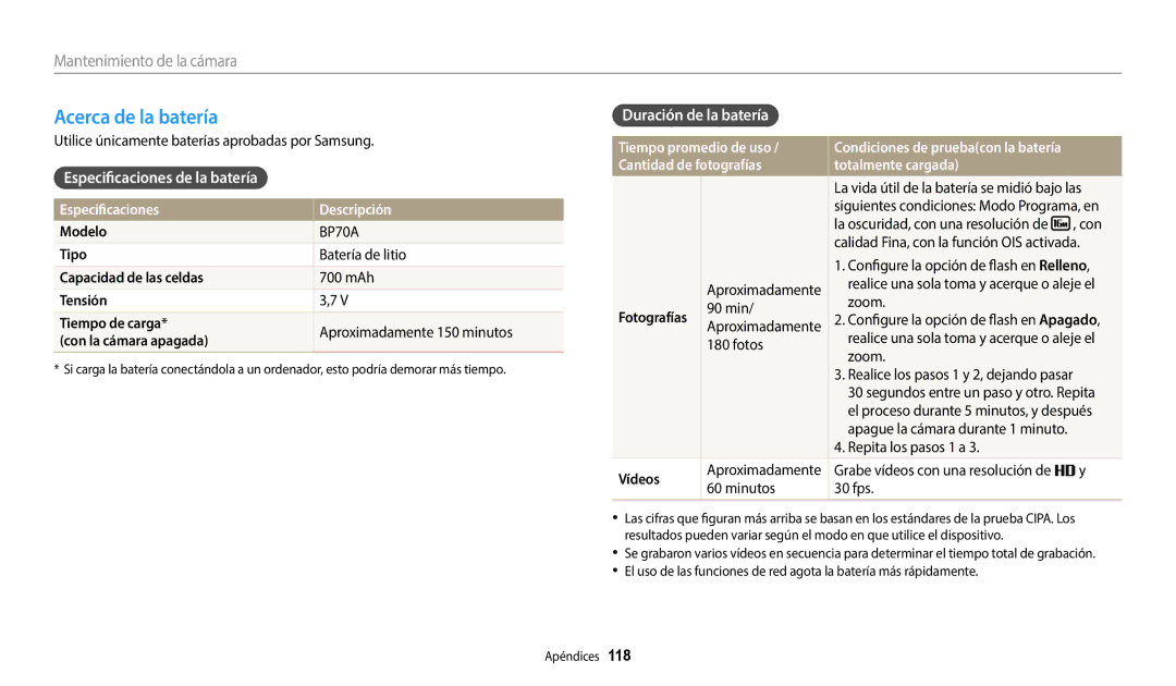 Samsung EC-WB50FZBPRE1 Acerca de la batería, Duración de la batería, Especificaciones Descripción, Tiempo promedio de uso 