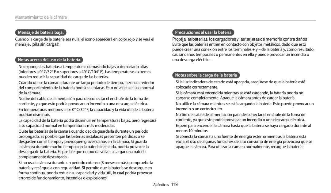 Samsung EC-WB50FZBPWE1 manual Mensaje de batería baja, Notas acerca del uso de la batería, Precauciones al usar la batería 