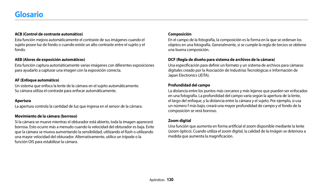 Samsung EC-WB50FZBPRE1, EC-WB50FZBPWE1, EC-WB50FZBPBE1 manual Glosario 