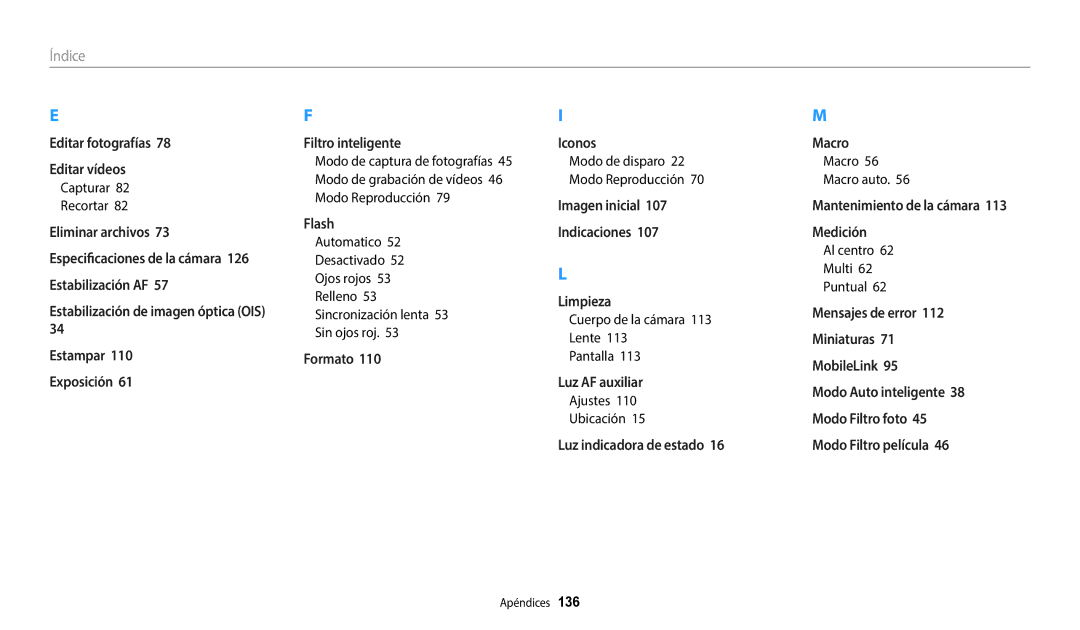 Samsung EC-WB50FZBPRE1, EC-WB50FZBPWE1, EC-WB50FZBPBE1 manual Índice 