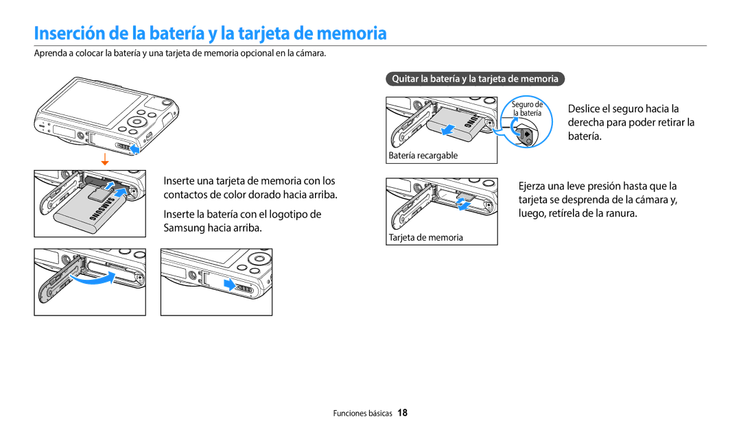 Samsung EC-WB50FZBPBE1 manual Inserción de la batería y la tarjeta de memoria, Batería, Derecha para poder retirar la 