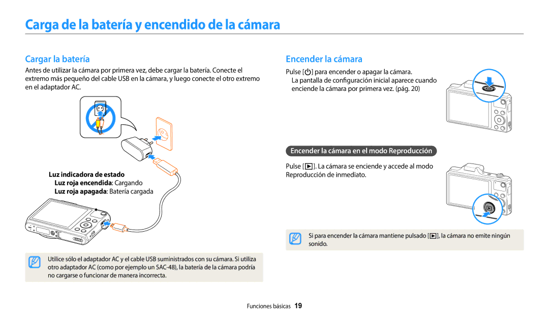 Samsung EC-WB50FZBPRE1, EC-WB50FZBPWE1 Carga de la batería y encendido de la cámara, Cargar la batería, Encender la cámara 