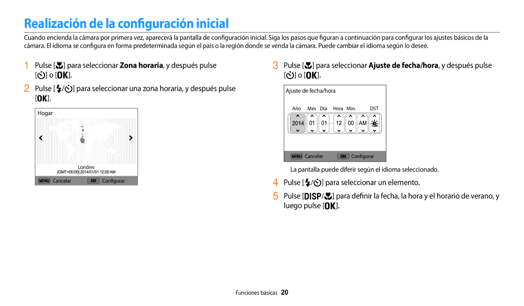 Samsung EC-WB50FZBPWE1 Realización de la configuración inicial, La pantalla puede diferir según el idioma seleccionado 