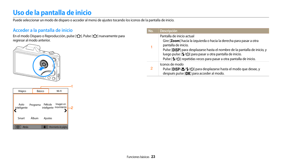 Samsung EC-WB50FZBPWE1, EC-WB50FZBPBE1, EC-WB50FZBPRE1 manual Uso de la pantalla de inicio, Acceder a la pantalla de inicio 