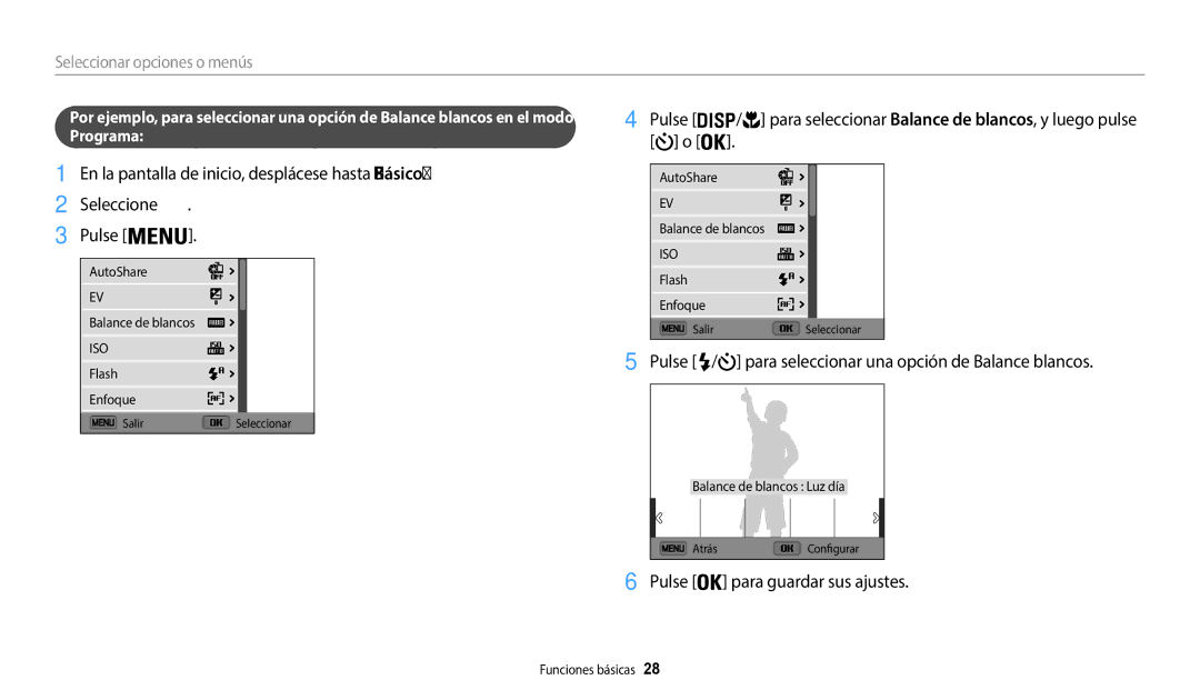 Samsung EC-WB50FZBPRE1, EC-WB50FZBPWE1 manual Seleccione Pulse, Pulse para guardar sus ajustes, Seleccionar opciones o menús 