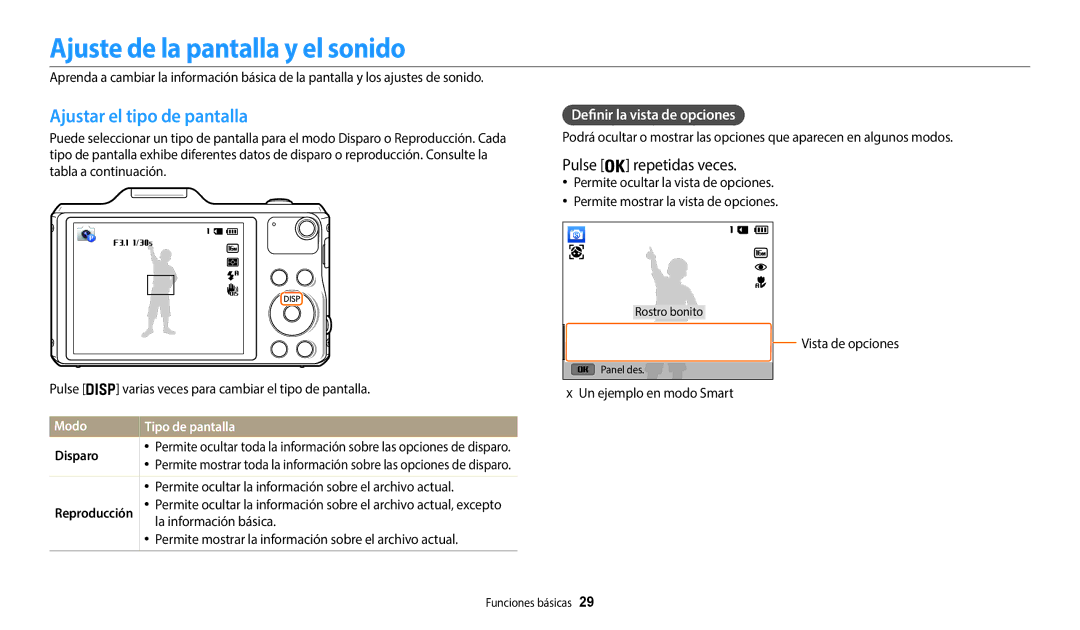 Samsung EC-WB50FZBPWE1 manual Ajuste de la pantalla y el sonido, Ajustar el tipo de pantalla, Definir la vista de opciones 