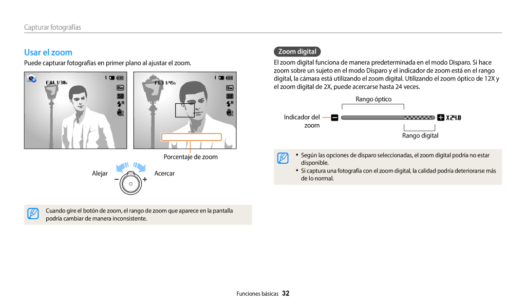 Samsung EC-WB50FZBPWE1 Usar el zoom, Capturar fotografías, Zoom digital, Rango óptico Indicador del zoom Rango digital 