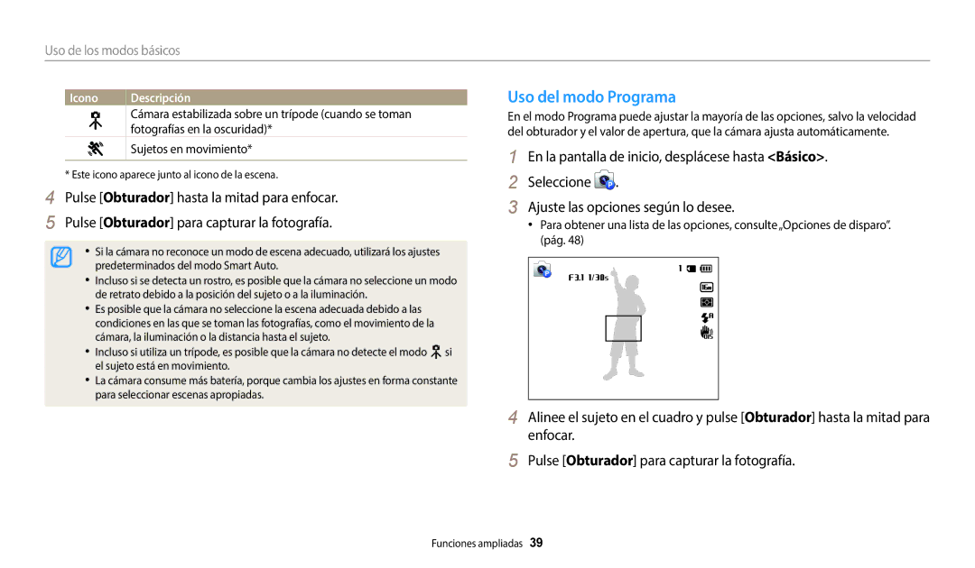 Samsung EC-WB50FZBPBE1 Uso del modo Programa, Uso de los modos básicos, Fotografías en la oscuridad, Sujetos en movimiento 
