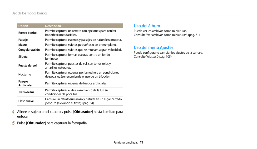 Samsung EC-WB50FZBPRE1, EC-WB50FZBPWE1, EC-WB50FZBPBE1 manual Uso del álbum, Uso del menú Ajustes 