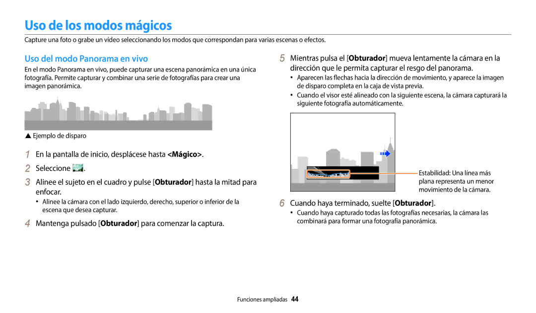 Samsung EC-WB50FZBPWE1 Uso de los modos mágicos, Uso del modo Panorama en vivo, Cuando haya terminado, suelte Obturador 