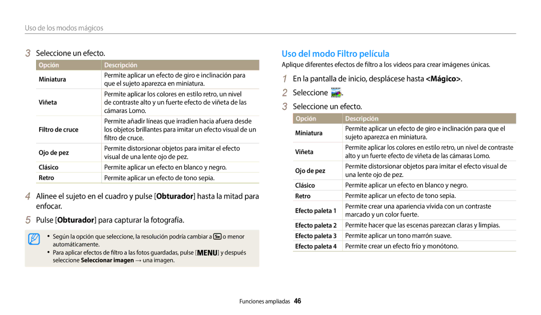 Samsung EC-WB50FZBPRE1, EC-WB50FZBPWE1, EC-WB50FZBPBE1 manual Uso del modo Filtro película, Seleccione un efecto 