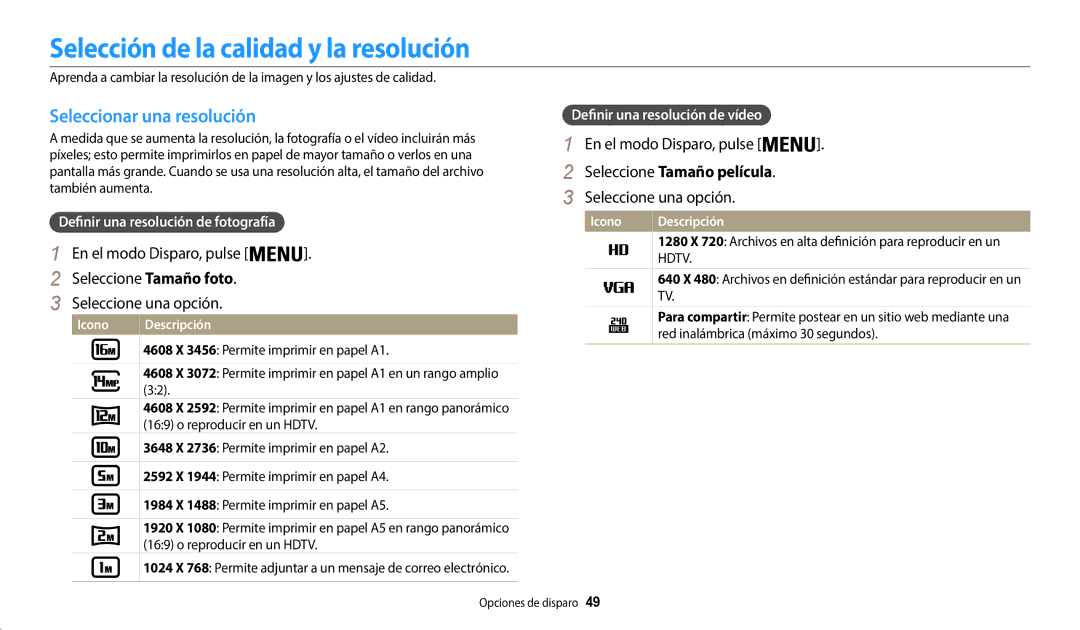 Samsung EC-WB50FZBPRE1 Selección de la calidad y la resolución, Seleccionar una resolución, En el modo Disparo, pulse 