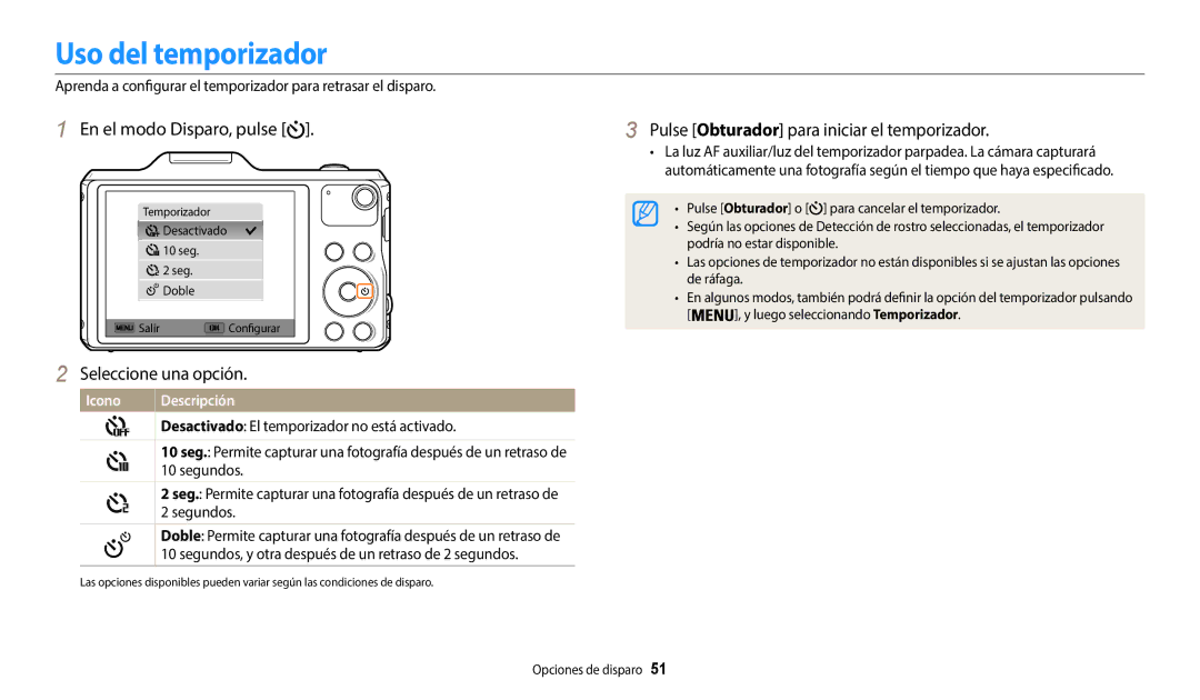 Samsung EC-WB50FZBPBE1, EC-WB50FZBPWE1 manual Uso del temporizador, Pulse Obturador para iniciar el temporizador, Segundos 