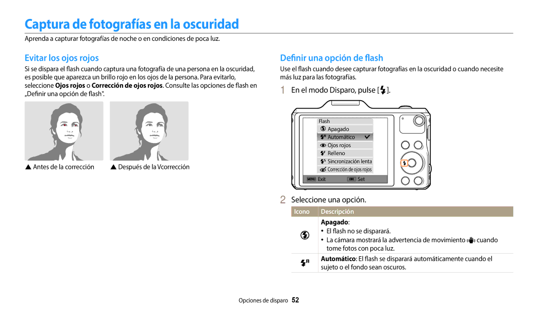 Samsung EC-WB50FZBPRE1 Captura de fotografías en la oscuridad, Evitar los ojos rojos, Definir una opción de flash, Apagado 