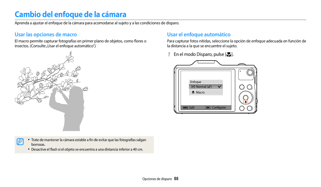 Samsung EC-WB50FZBPRE1 manual Cambio del enfoque de la cámara, Usar las opciones de macro, Usar el enfoque automático 