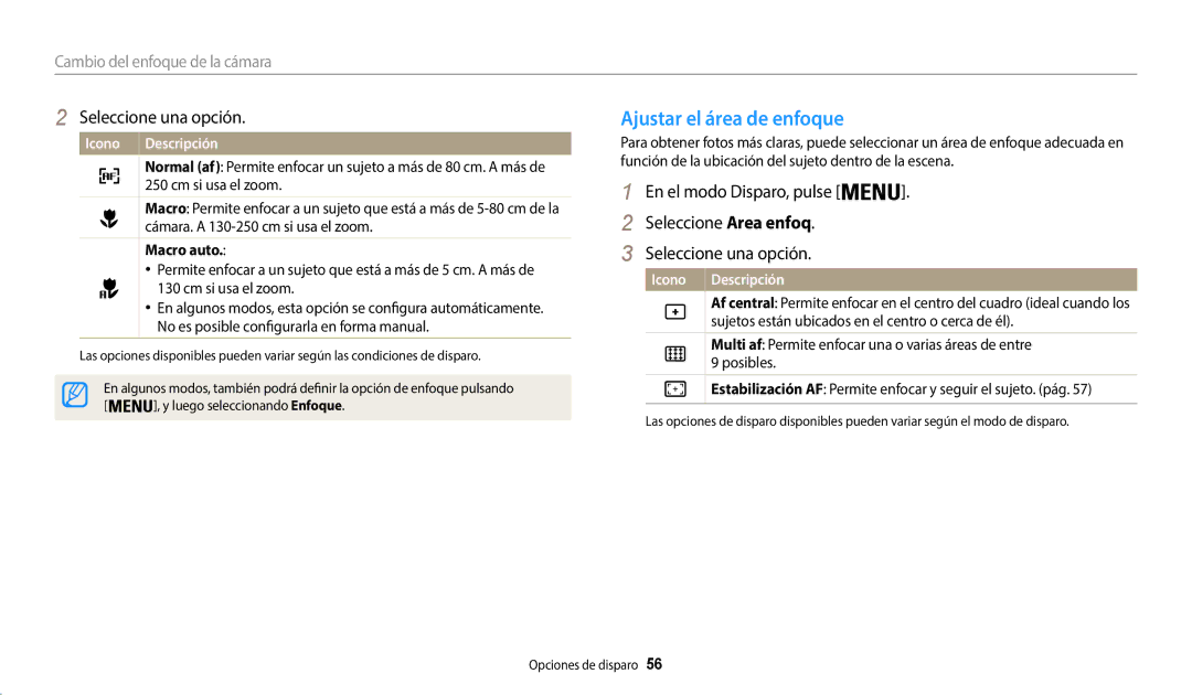 Samsung EC-WB50FZBPWE1 manual Ajustar el área de enfoque, Cambio del enfoque de la cámara, Cm si usa el zoom, Macro auto 
