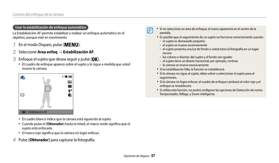 Samsung EC-WB50FZBPBE1 manual Seleccione Area enfoq →Estabilización AF, Enfoque el sujeto que desea seguir y pulse 