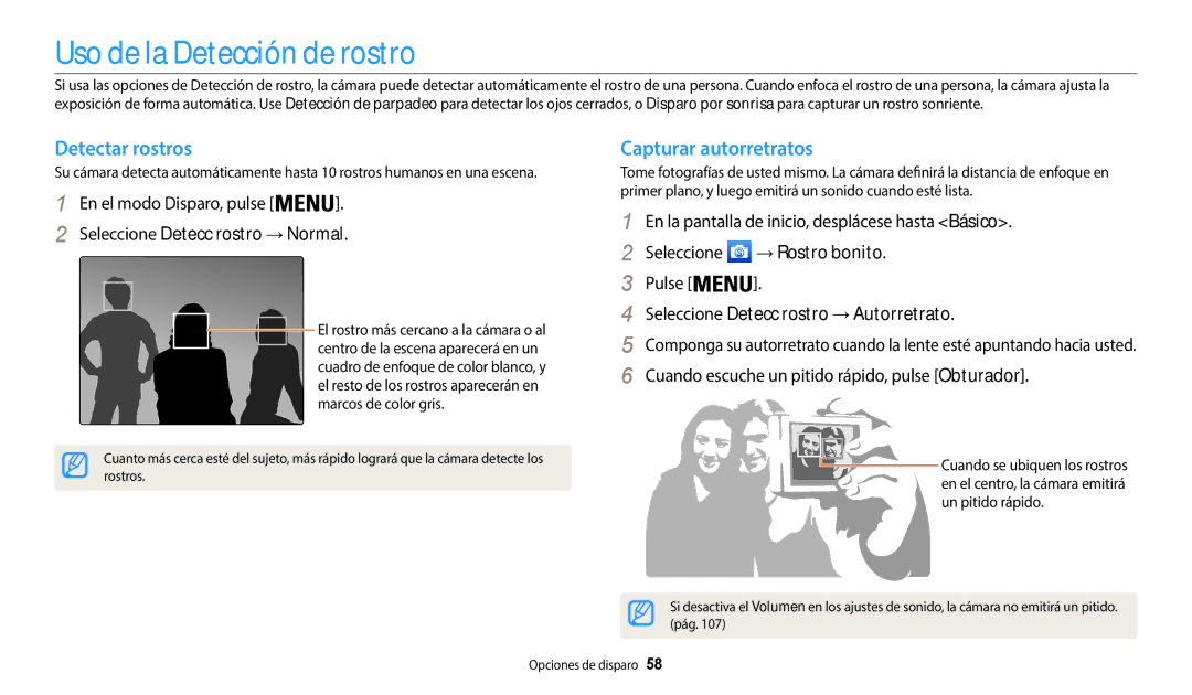 Samsung EC-WB50FZBPRE1, EC-WB50FZBPWE1 manual Uso de la Detección de rostro, Detectar rostros, Capturar autorretratos 