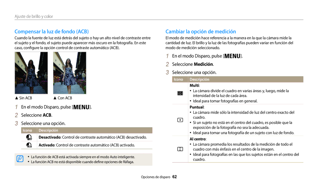 Samsung EC-WB50FZBPWE1 manual Compensar la luz de fondo ACB, Cambiar la opción de medición, Ajuste de brillo y color 