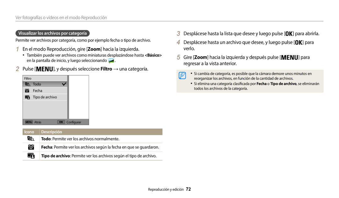 Samsung EC-WB50FZBPBE1 manual En el modo Reproducción, gire Zoom hacia la izquierda, Visualizar los archivos por categoría 