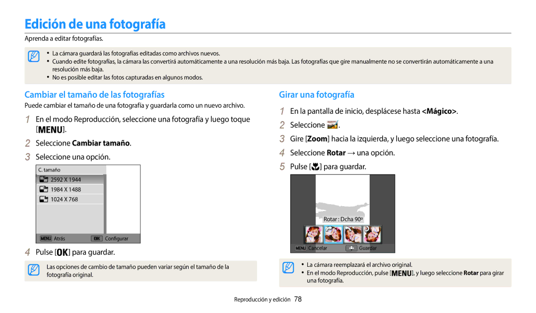 Samsung EC-WB50FZBPBE1 manual Edición de una fotografía, Cambiar el tamaño de las fotografías, Girar una fotografía 