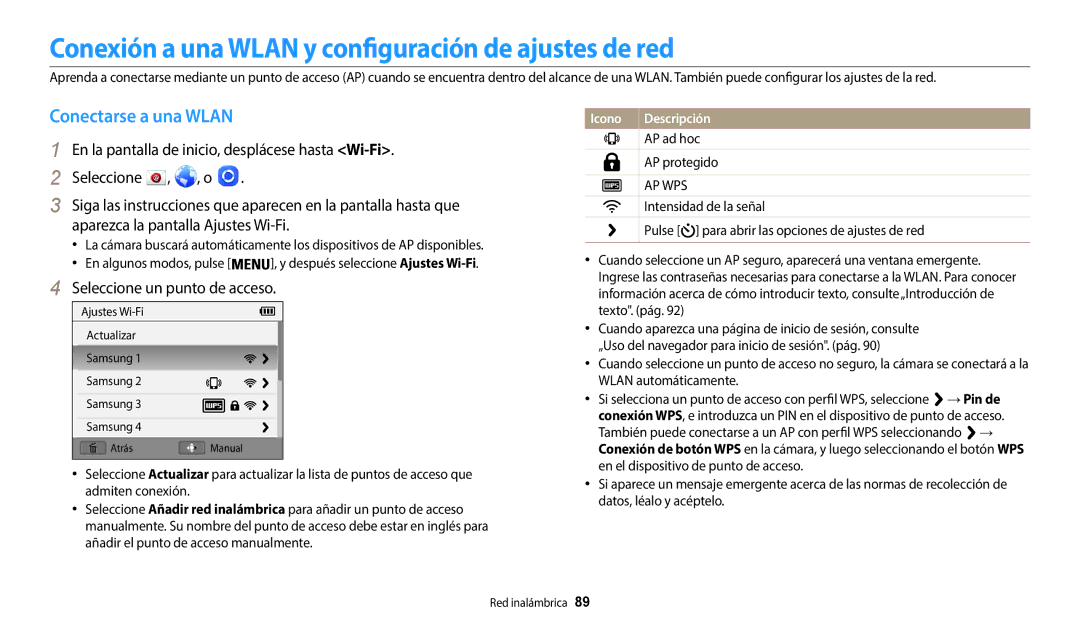 Samsung EC-WB50FZBPWE1, EC-WB50FZBPBE1 manual Conexión a una Wlan y configuración de ajustes de red, Conectarse a una Wlan 