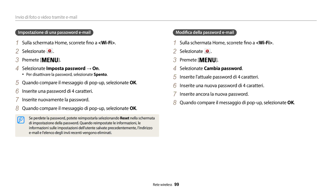 Samsung EC-WB50FZBPWE1 Selezionate Imposta password → On, Selezionate Cambia password, Modifica della password e-mail 