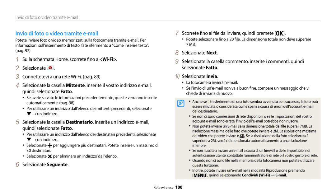 Samsung EC-WB50FZBPWE1 manual Invio di foto o video tramite e-mail, Selezionate Seguente, 100 