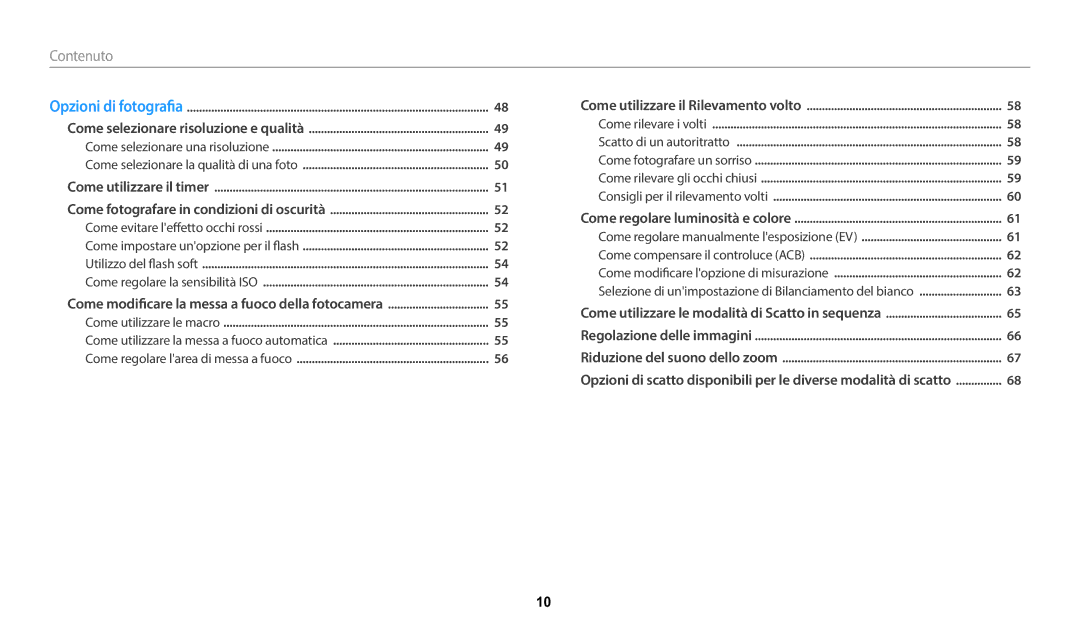 Samsung EC-WB50FZBPWE1 manual Contenuto, Come modificare la messa a fuoco della fotocamera 